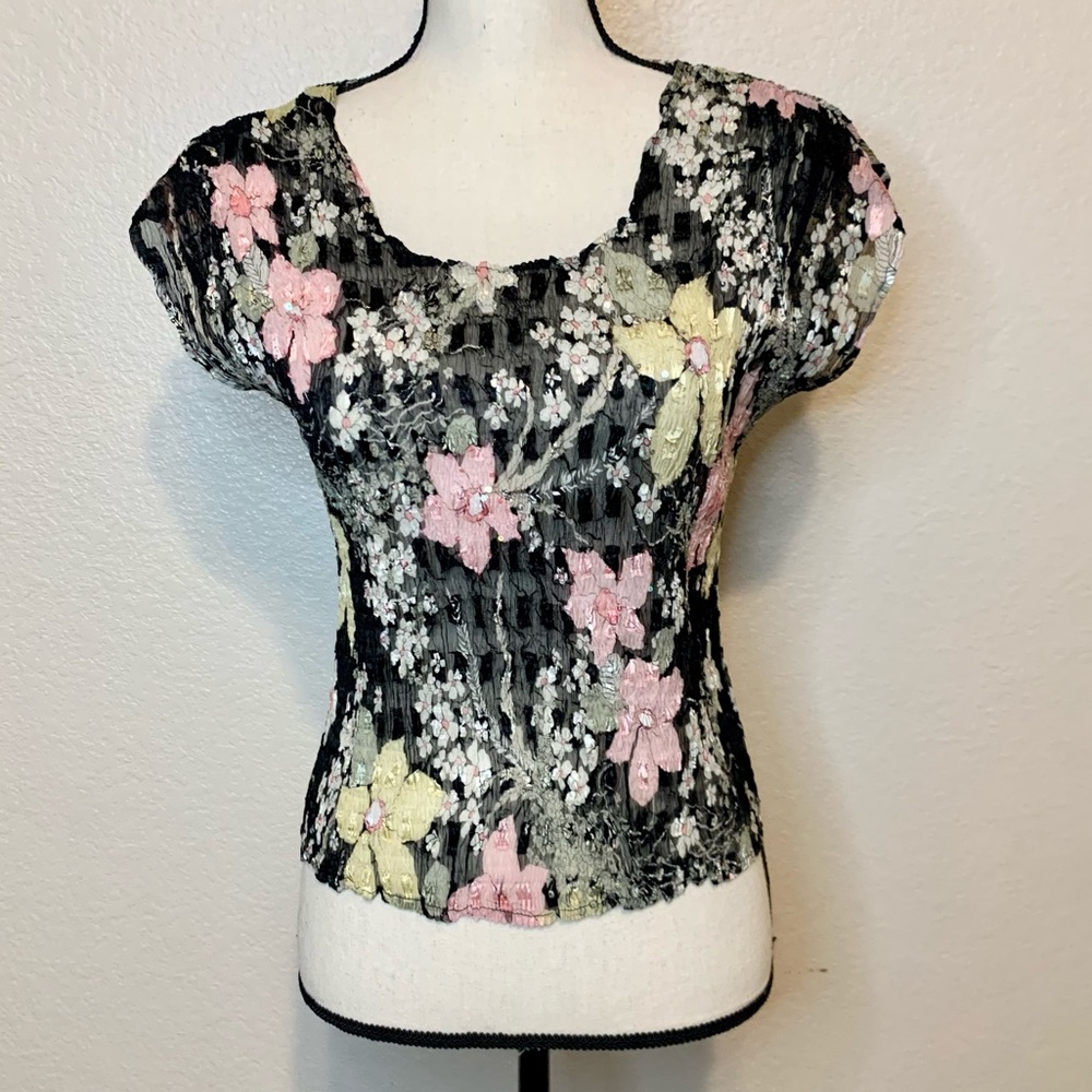Alberto Makali Floral Semi-Sheer Top Short Sleeves Sequins Details Black Medium - Picture 14 of 14
